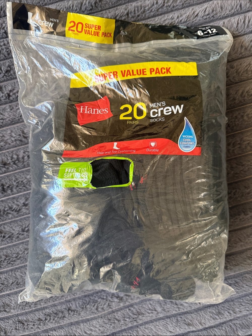 Hanes 20 Pairs Men's Crew Socks Pack - Black (Shoe Size 6-12)